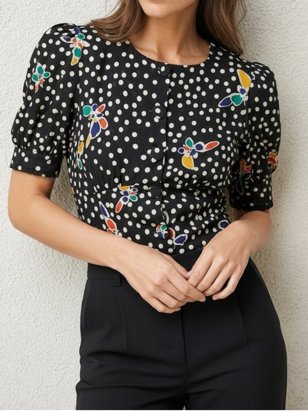 ROUJE Ginette Polka Dot & Butterfly Blouse, Black, FR44/US12